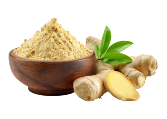Fresh and Ground Ginger: Isolated Rhizome and Spice Powder in Wooden Bowl isolated on transparent background
