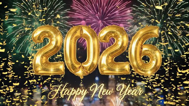 Golden Balloons Celebrating 2026 With Fireworks And Confetti  Happy New Year 2026