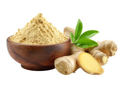 Fresh and Ground Ginger: Isolated Rhizome and Spice Powder in Wooden Bowl isolated on transparent background