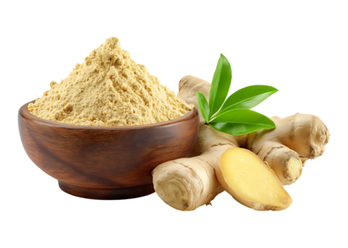 Fresh and Ground Ginger: Isolated Rhizome and Spice Powder in Wooden Bowl isolated on transparent background