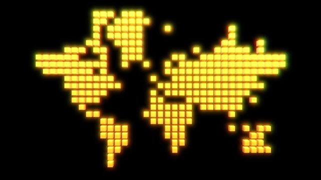 3D pixel art style map of the world animation with glowing effect on black background