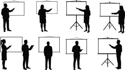 Business presentation silhouettes, corporate training, professional speakers, teaching poses, standing figures, digital boards, seminar concept, education, leadership, teamwork
