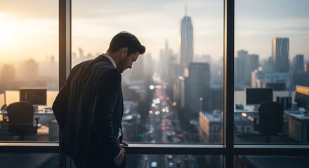 Fototapeta premium A dejected businessman looking out a window at a city skyline.