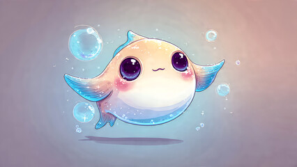 Adorable chubby cartoon fish with big sparkling eyes, small fins, soft pastel peach and aqua color palette, clean and simple outline