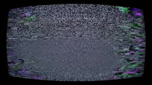 Static screen from a vintage television with a black frame and rounded corners