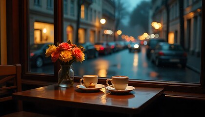 Cozy up with coffee and flowers on a rainy evening, the perfect setting for intimate conversations and reflective moments in a charming cafe