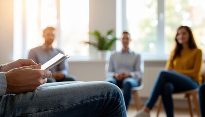 Support group therapy session with people sharing feelings