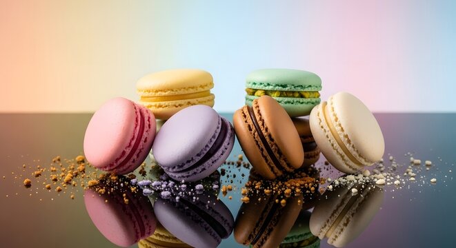 Vibrant Assortment of French Macarons: Colorful Gourmet Desserts on Reflective Table with Crumbs