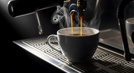 Hot espresso coffee pouring into white cup from coffee machine with steam