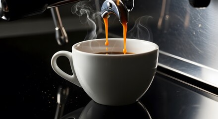 Espresso Coffee Pouring into White Ceramic Cup from Professional Coffee Machine with Steam and Reflection on Dark Background