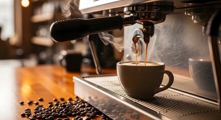 Fresh espresso streams pouring into a white ceramic cup from a professional coffee machine with steam and scattered coffee beans.