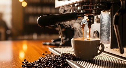 Espresso machine brewing fresh hot coffee into a cup with steam and scattered roasted coffee beans on a wooden counter.