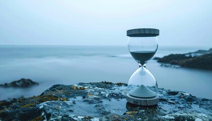 Hourglass on rocky seaside symbolizing time and patience