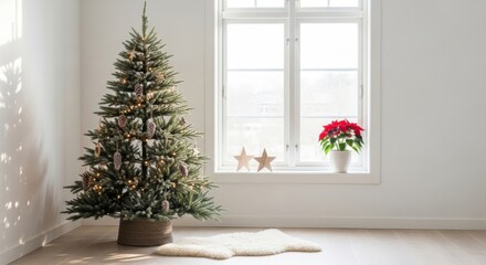 Obraz premium Minimalist Christmas Tree near Bright Window Interior
