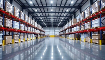 Large storage area in spacious industrial warehouse featuring neatly organized pallets filled with packed goods on shelves illuminated by lighting on polished floor