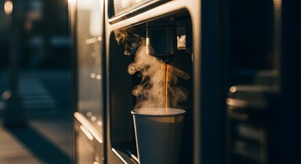 Fresh hot coffee being dispensed from a coffee machine into a paper cup, with visible steam and warm golden light.