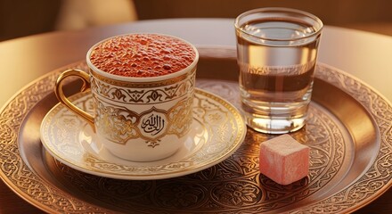 Traditional Turkish coffee served in ornate cup with Arabic calligraphy, water, and Turkish delight on an embossed copper tray.