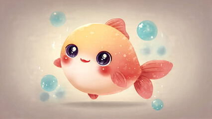 Adorable chubby cartoon fish with big sparkling eyes, small fins, soft pastel peach and aqua color palette, clean and simple outline