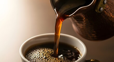 Close-up of hot coffee pouring into a white cup from a traditional copper cezve, creating rich bubbles and froth.