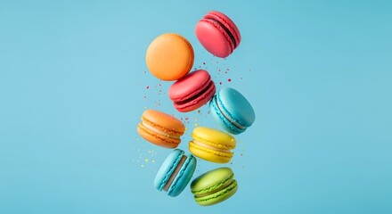 Assortment of colorful French macarons falling against a light blue background, with sweet sprinkles.