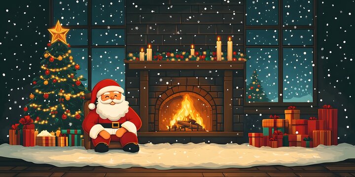 Jolly figure rests by a warm hearth surrounded by holiday decorations during a snowstorm