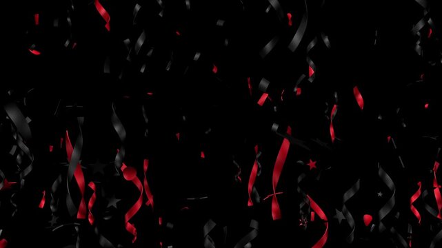 Burst of falling party confetti in shiny red and black. Festive ribbons, confetti, and streamers fall celebrating Black Friday sales, or advertisement for the holiday. 3d render with alpha channel.