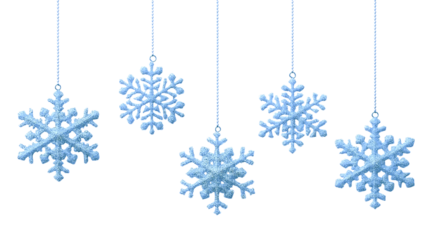 Hanging Silver Glitter Snowflakes isolated on transparent background for Winter Holiday Decoration