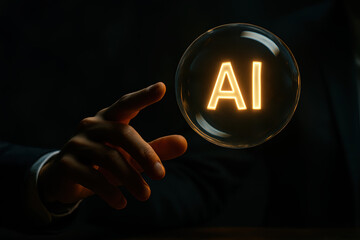 Glowing AI within a glass orb held by a hand futuristic concept technology and innovation on artificial intelligence and possibility future market impact dramatic dark background