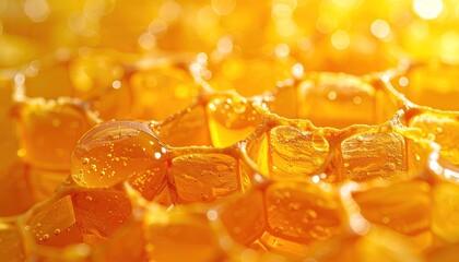 Golden honeycomb filled with sweet honey illuminated by warm sunlight macro photography with shallow depth of field showcasing hexagonal cells and glistening texture