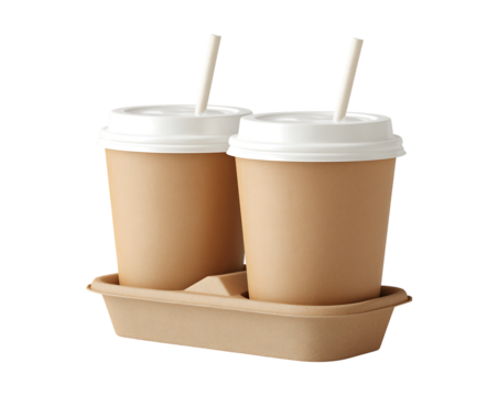 Two Kraft Paper Takeout Coffee Cups in a Recycled Molded Fiber Drink Carrier isolated on transparent background - Powered by Adobe