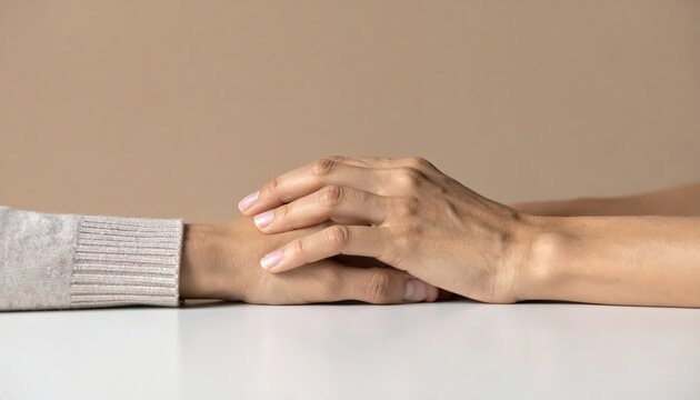 Hands offering emotional support and comfort on table