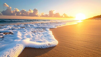Golden Hour Beach Scene with Palm Tree Shadows and Gentle Waves at Sunrise