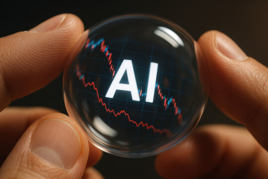 Analyzing AI concept and financial trends through a glass orb AI with market charts and glassy reflection conveying uncertainty and risk in data analytics and technology