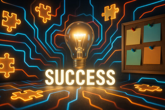 Bright light bulb with glowing success text amid neon circuit lines and puzzle pieces conveying innovation motivation and achievement in a modern planning space