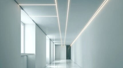 Fototapeta premium Lit hallway with sleek lines, white walls, window with bright outdoor light, & shining floors