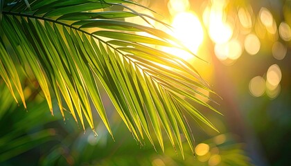 Golden Sunlight Filters Through Lush Green Palm Fronds Creating a Dreamy Bokeh Effect on a Tropical Day