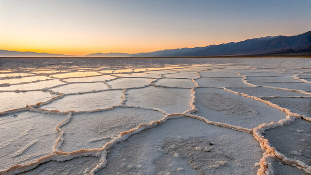 Macro view of crystallizing desert salt flats patterned in amber gold and vermilion under dawn gradient sky