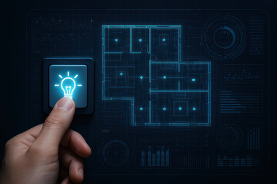 Bright button press signals smart lighting design and futuristic blueprint a floor plan with interface graphs and digital diagnostics showing a powered concept