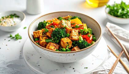 Delicious Tofu and Vegetable Stir Fry in a White Bowl with Sesame Seeds and Chopsticks Ready to Eat Overhead Shot with Natural Lighting