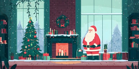 Cheerful holiday figure stands indoors beside a decorated evergreen tree while snow falls outside large windows