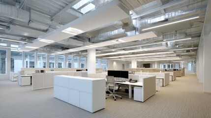 Modern, expansive office space with numerous cubicles, recessed lighting, large windows, neutral tones, and a clean, organized aesthetic