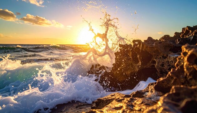 Dramatic Ocean Waves Crashing Against Rocky Shoreline at Golden Hour Sunset with Sun Flare and Spray Creating a Mesmerizing Coastal Scene - Powered by Adobe