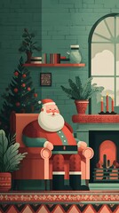 Cheerful fictional gift giver relaxes in a decorated living room during winter holidays