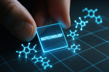 Biotechnology concept guidance with a glowing tile labeled biotechnology being placed on a digital grid science progress and innovation