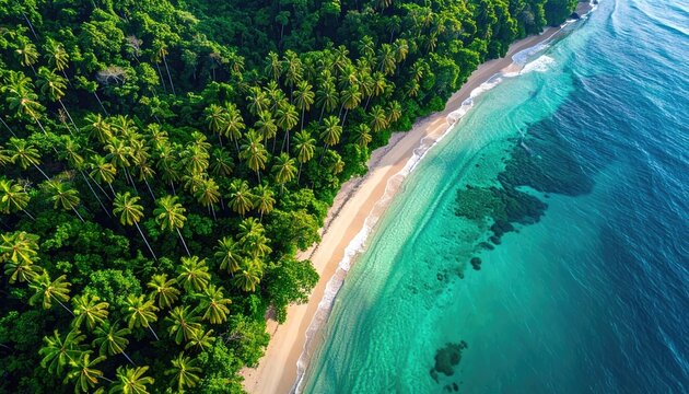 Aerial View Of A Tropical Island With Lush Green Palm Trees Bordering A Crystal Clear Turquoise Ocean With Gentle Waves On A Sunny Day