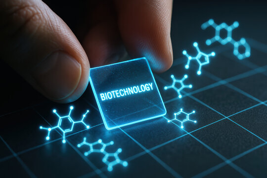 Biotechnology concept guidance with a glowing tile labeled biotechnology being placed on a digital grid science progress and innovation