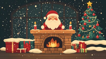 Festive seasonal character peers over a brick hearth during a snowy evening indoors