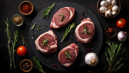 Raw steak cuts with rosemary, garlic, and spices on dark rustic background