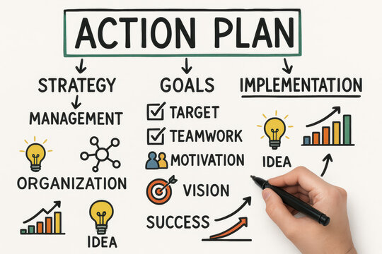 Action plan concept showing strategy goals implementation and success with organization motivation teamwork vision idea target and clear progress imagery