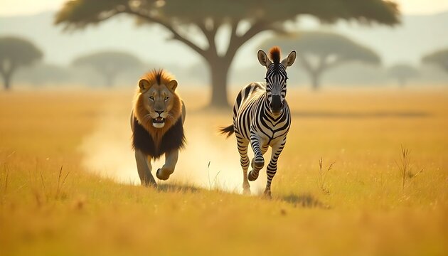 Dramatic African wildlife scene with a lion chasing a zebra across the golden savanna, creating a sense of urgency and raw natural power - Powered by Adobe